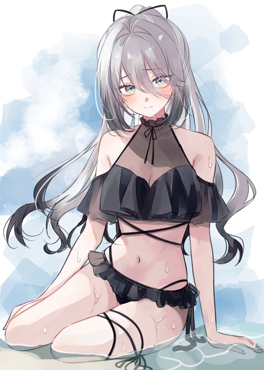 1girl, bikini, black_bikini, blue_eyes, breasts, cleavage, frilled_bikini, frills