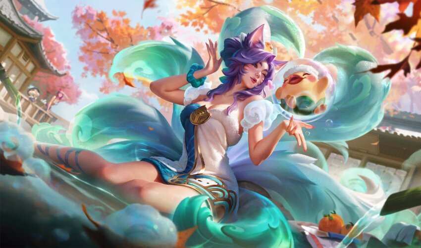 1girl, absurdres, ahri_(league_of_legends), animal_ears, architecture, arm_up, bare_legs, bare_shoulders, bird, blue_sky, breasts, building, cleavage, duck, dutch_angle, east_asian_architecture, facial_mark, fingernails, food, fox_ears, fox_girl, fox_tail, fruit, highres, kitsune, large_breasts, leaf, league_of_legends, lips, long_fingernails, long_hair, multiple_tails, naked_towel, official_art, onsen, orange_(fruit), ornate_clothes, purple_hair, pursed_lips, roannaperoz, sharp_fingernails, sitting, sky, solo, spirit_blossom_springs_ahri, tail, thighs, towel, tree, whisker_markings, yokozuwari
