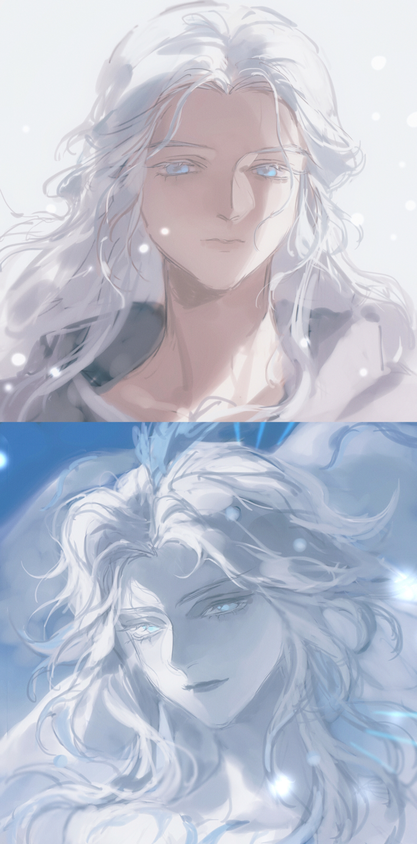 2girls, absurdres, blue_background, blue_eyes, colored_skin, dual_persona, evilyuniejun, expressionless, final_fantasy, final_fantasy_xiv, highres, hydaelyn, long_hair, looking_at_viewer, multiple_girls, portrait, split_theme, two-tone_background, venat_(ff14), water_drop_hair_ornament, white_background, white_hair, white_skin