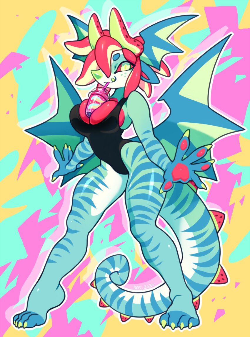 1girl, anguria_(seelmaru), animal_ears, animal_hands, aqua_skin, between_breasts, black_one-piece_swimsuit, breasts, bubble_tea, bubble_tea_challenge, claws, cleavage, colored_sclera, colored_skin, colorful, commentary, curled_tail, curvy, dragon_ears, dragon_girl, dragon_horns, dragon_tail, english_commentary, food, fruit, furry, furry_female, green_eyes, head_wings, highres, horns, large_breasts, looking_at_viewer, one-piece_swimsuit, original, pawpads, ponytail, red_hair, red_sclera, reptile_girl, seel_(seelmaru), short_hair, solo, spikes, standing, striped_skin, swimsuit, tail, watermelon, watermelon_slice, wide_hips, wings