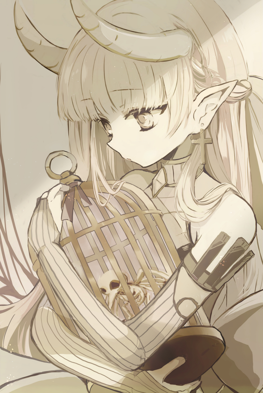 1girl, arcaea, bare_shoulders, birdcage, braid, bridal_gauntlets, cage, closed_mouth