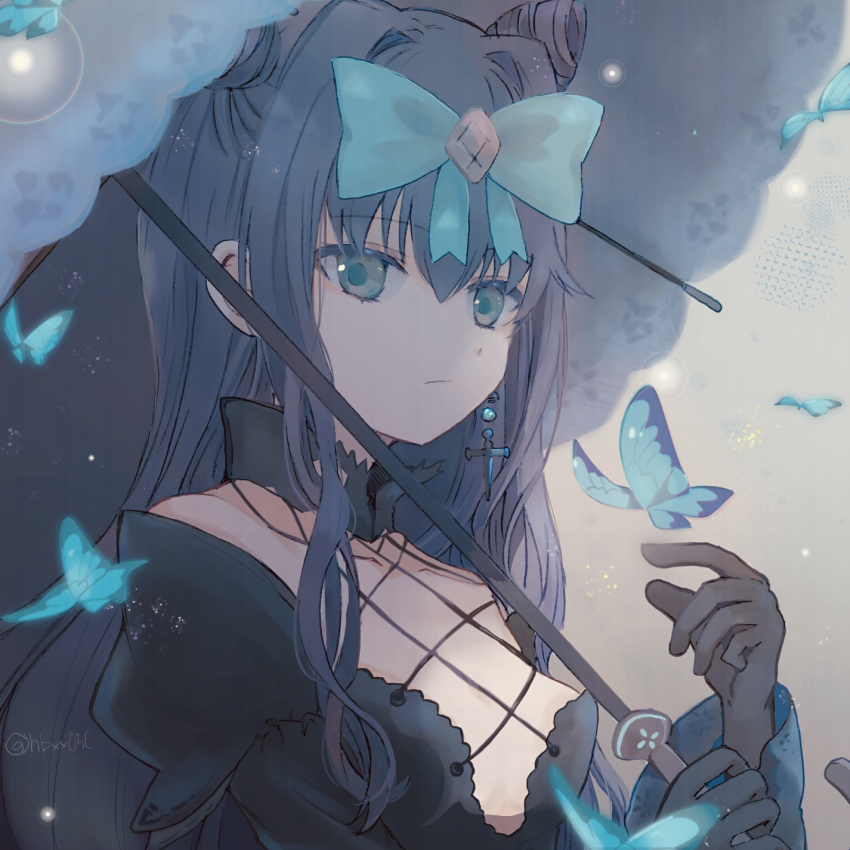 1girl, arcaea, black_dress, black_gloves, black_hair, blue_bow, blue_butterfly, blue_eyes, bow, breasts, bug, butterfly, closed_mouth, cone_hair_bun, cross, cross-laced_clothes, cross-laced_dress, cross_earrings, double_bun, dress, earrings, gloves, hair_between_eyes, hair_bow, hair_bun, hair_intakes, highres, holding, holding_umbrella, insect, jewelry, juliet_sleeves, long_sleeves, looking_at_viewer, natonatofull, parasol, puffy_sleeves, sidelocks, single_earring, small_breasts, solo, tairitsu_(arcaea), tairitsu_(tempest)_(arcaea), umbrella, upper_body
