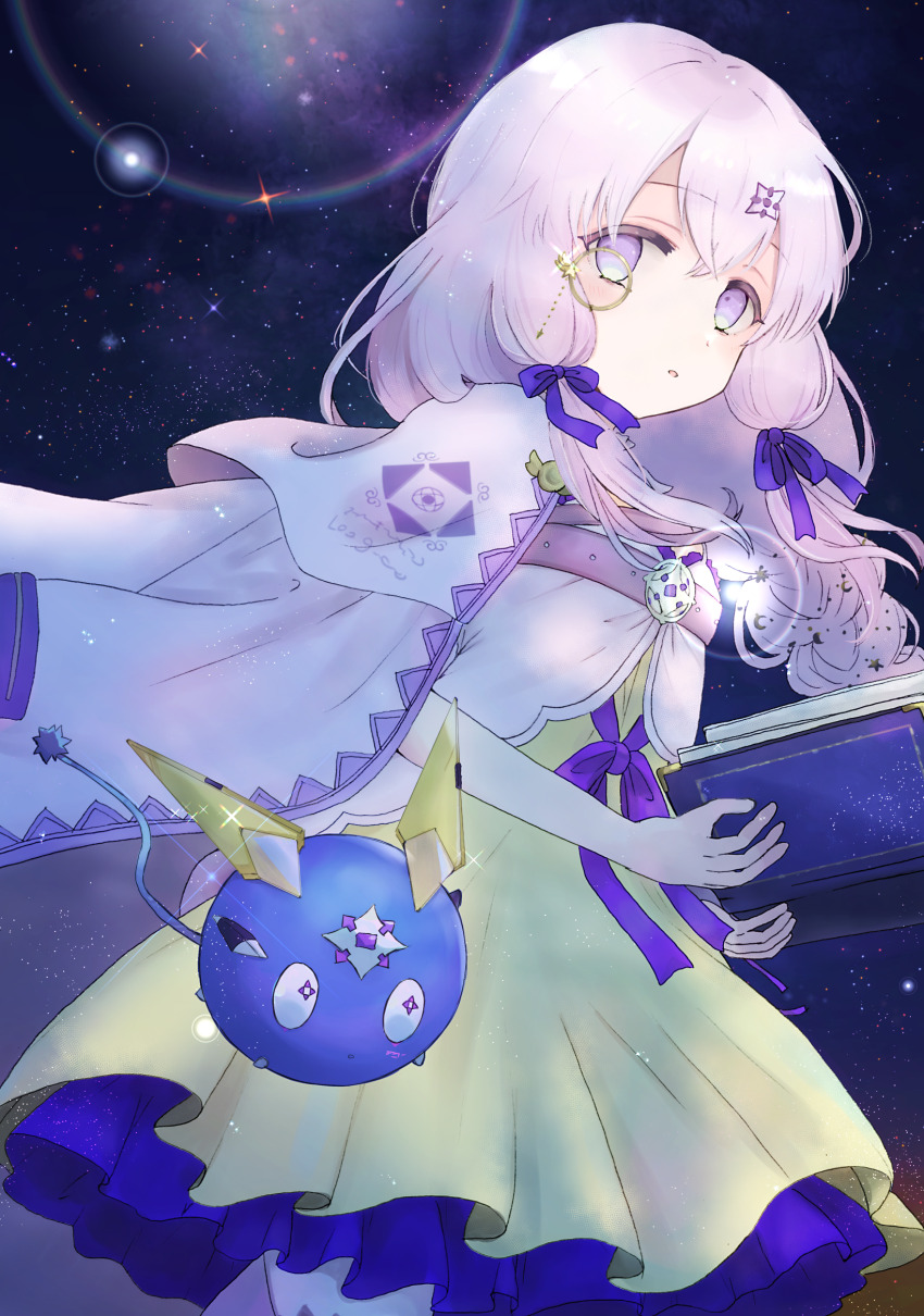 1girl, arcaea, book, braid, braided_ponytail, cape, charon_(arcaea), commentary, cowboy_shot, dress, grey_hair, hair_ribbon, highres, holding, holding_book, lagrange_(arcaea), light_blush, long_hair, looking_at_viewer, monocle, natonatofull, night, open_book, outdoors, parted_lips, purple_eyes, purple_ribbon, ribbon, sky, solo, standing, star_(sky), white_cape, yellow_dress