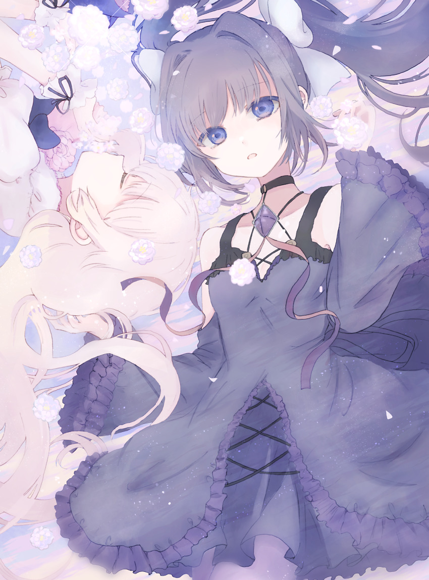 2girls, arcaea, black_hair, blonde_hair, blue_eyes, bow, breasts, closed_eyes