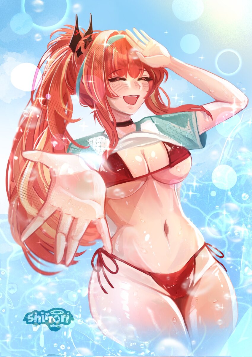 1girl, bikini, blush, breasts, choker, cleavage, closed_eyes, clothes_lift