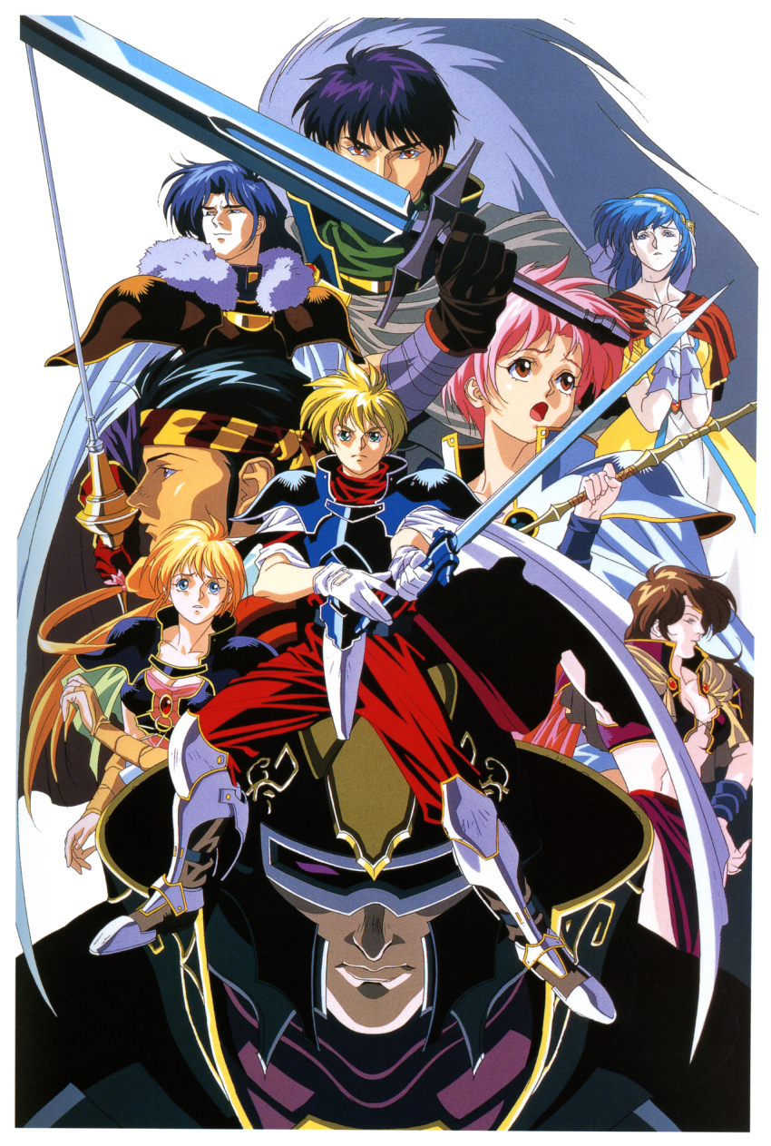 1990s_(style), 4girls, 5boys, absurdres, aqua_eyes, armor, armored_boots, bandaged_arm