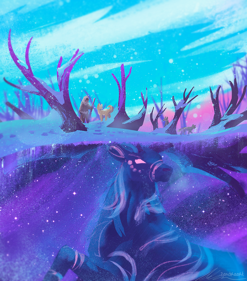 1other, antlers, bare_tree, blue_sky, border_collie, buried, cane, coat