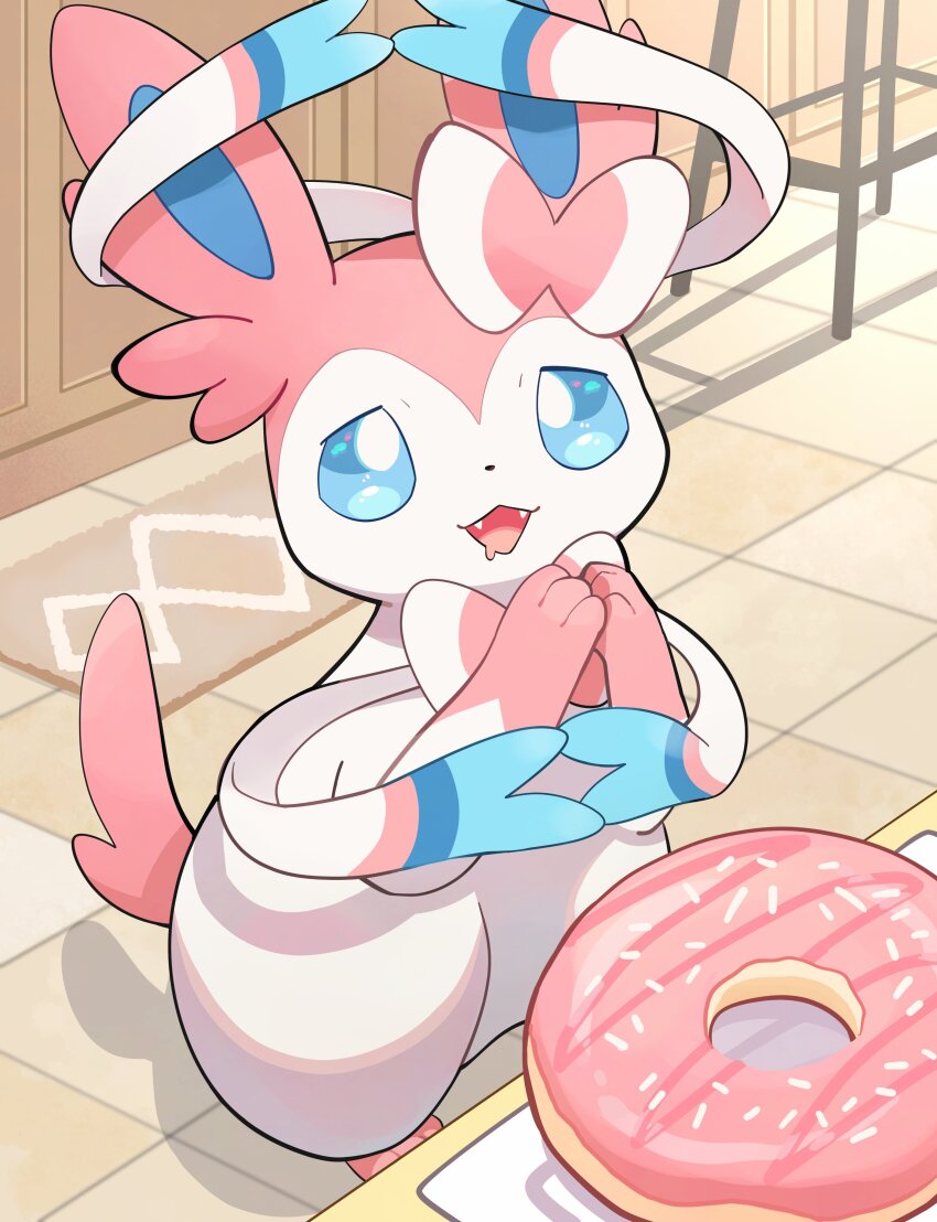 absurdres, animal_focus, begging, blue_eyes, blue_sclera, bow, colored_sclera, donut