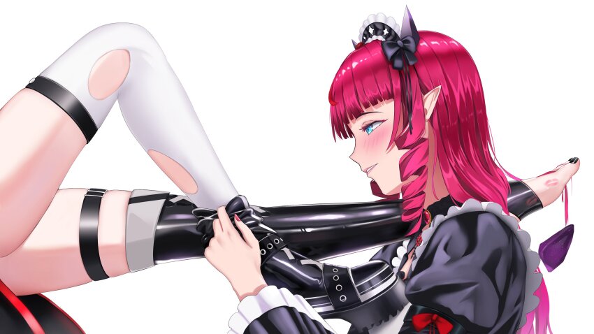 2girls, apron, blue_eyes, blush, feet, foot_focus, foot_worship, hakos_baelz