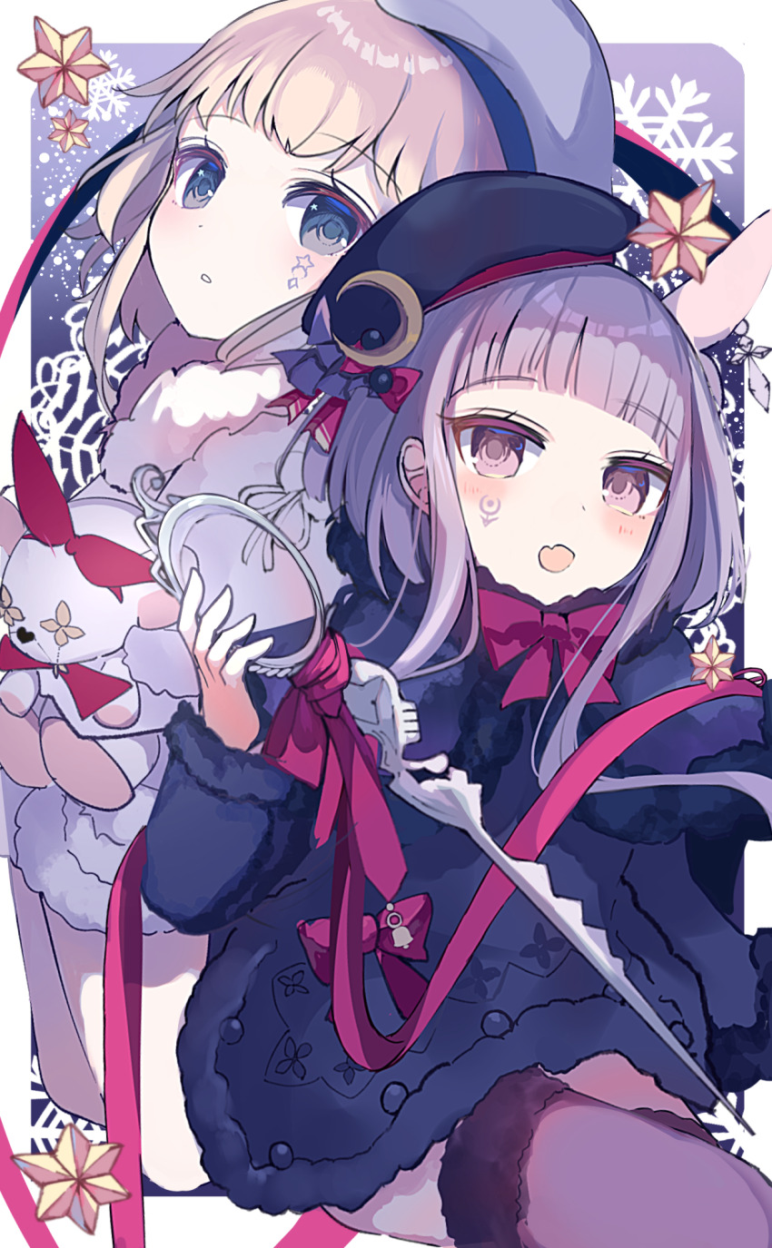2girls, :o, arcaea, beret, black_capelet, black_coat, black_hat, black_thighhighs