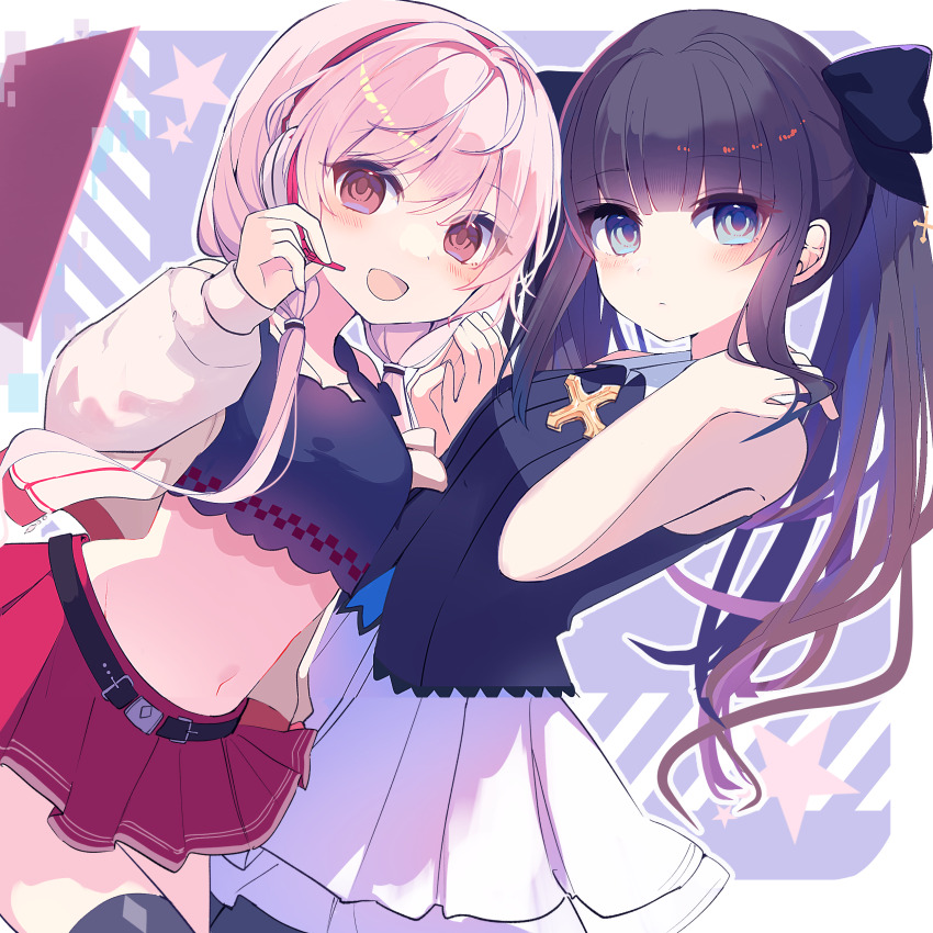 2girls, :d, absurdres, alternate_costume, arcaea, bare_arms, bare_shoulders, belt