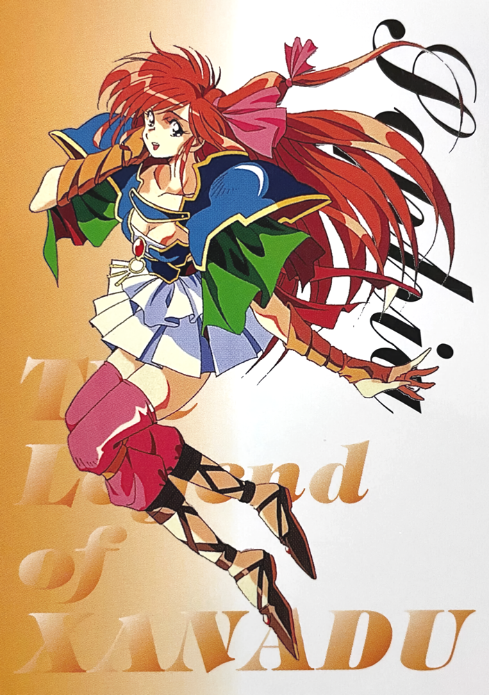 1990s_(style), 1girl, armor, breasts, bridal_gauntlets, character_name, cleavage, copyright_name