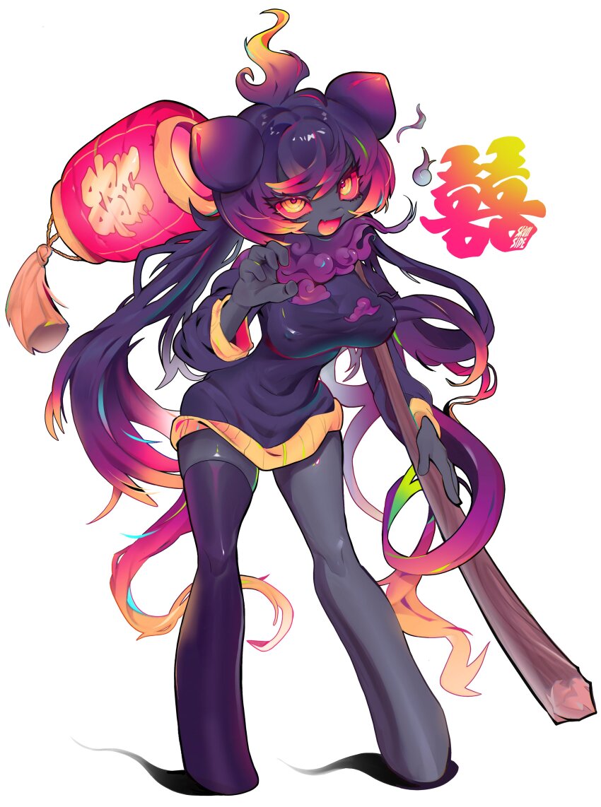 1girl, absurdly_long_hair, absurdres, ahoge, black_dress, colored_inner_hair, colored_sclera, colored_skin, covered_erect_nipples, cutout_eyelashes, double_bun, dress, fang, fewer_digits, gradient_hair, grey_skin, hair_bun, highres, holding, hue_shifting, lantern, long_hair, long_sleeves, looking_at_viewer, low_twintails, monster_girl, multicolored_hair, open_mouth, original, purple_hair, red_sclera, shiny_skin, simple_background, single_thighhigh, skin_fang, skullsideart, solo, thighhighs, twintails, very_long_hair, white_background, yellow_eyes