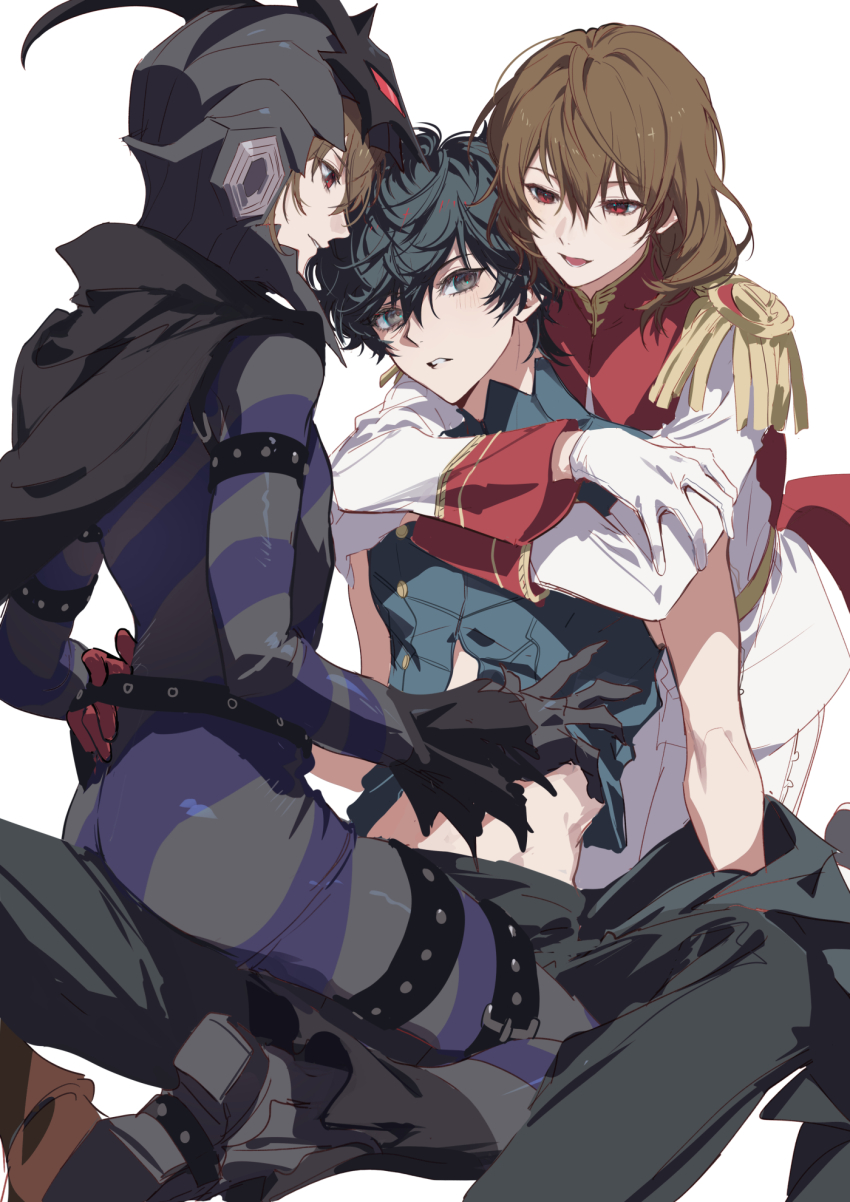 3boys, akechi_gorou, amamiya_ren, arm_strap, ass, belt, black_belt, black_bodysuit