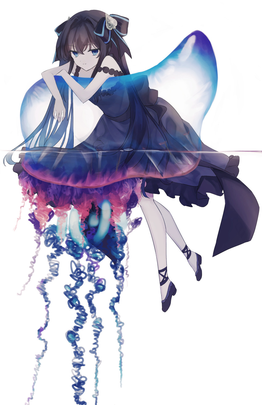 1girl, absurdres, ankle_lace-up, arcaea, arm_rest, bare_shoulders, black_dress, black_hair