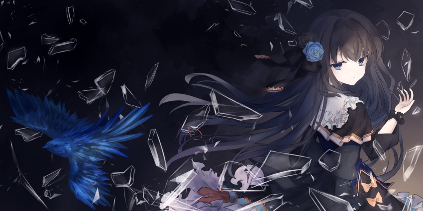 1girl, absurdres, arcaea, arm_cutout, bird, black_background, black_capelet, black_flower