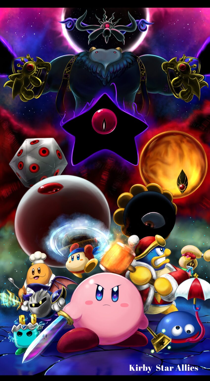 1boy, absurdres, arm_blade, aura, bandana, bandana_waddle_dee, bat_wings, black_eyes