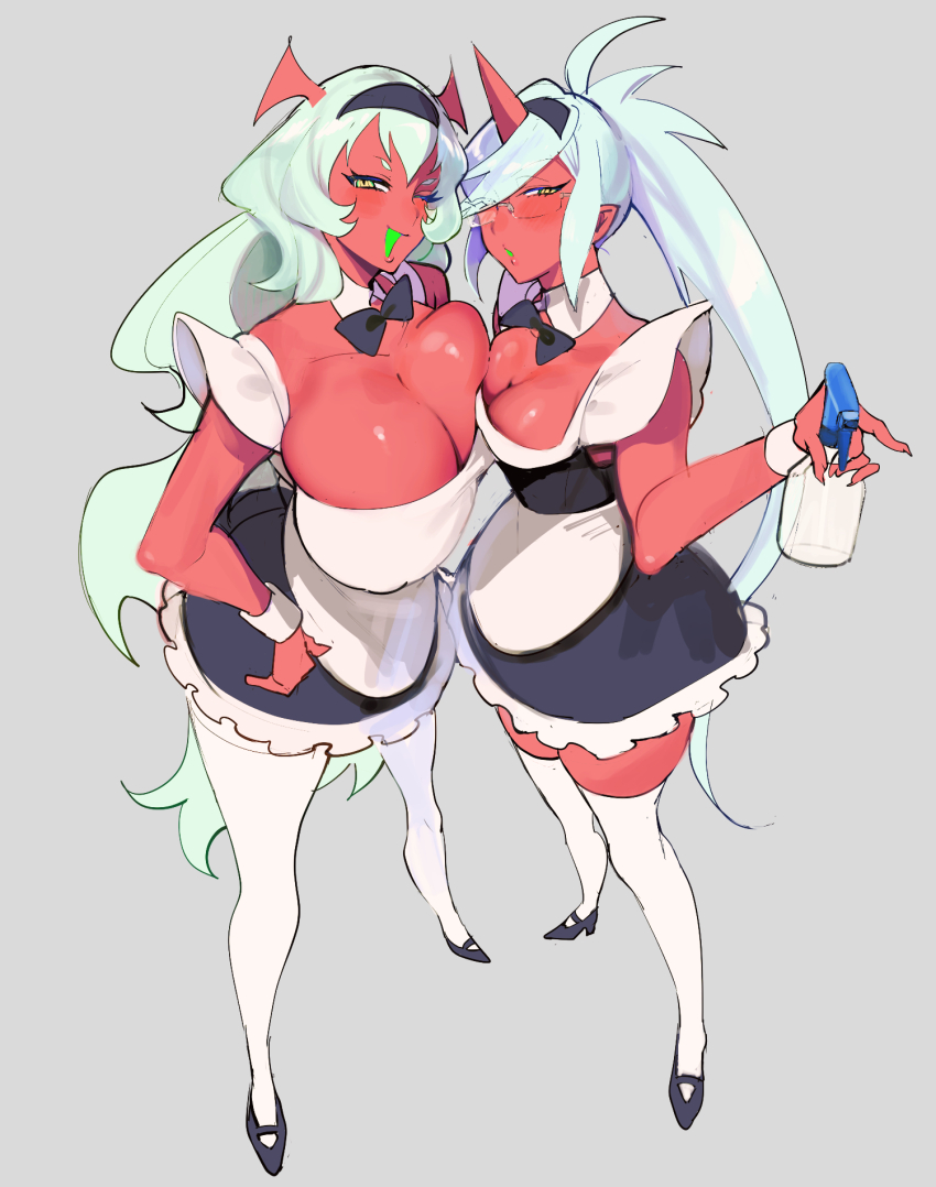 2girls, alternate_costume, apron, black_dress, blue_hair, bottle, breasts, cleavage