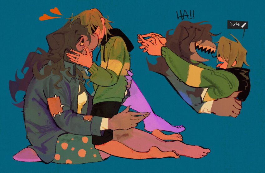 1girl, 1other, barefoot, black_shorts, blue_background, blue_jacket, bourbonciely, brown_hair, colored_sclera, colored_skin, covered_eyes, deltarune, full_body, furry, furry_female, furry_with_non-furry, hair_over_eyes, hand_on_another's_back, hands_on_another's_face, heart, highres, interspecies, jacket, kris_(deltarune), long_hair, multiple_views, open_mouth, outstretched_arms, patch, pink_skin, sharp_teeth, short_hair, shorts, simple_background, smile, susie_(deltarune), tail, teeth, tongue, tongue_out, utdr_(toby_fox), yellow_sclera