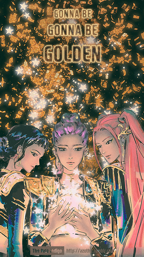 3girls, black_hair, blunt_bangs, braid, braided_ponytail, closed_mouth, commentary, cropped_jacket, double_bun, earrings, epaulettes, gold_eyeshadow, hair_bun, jewelry, kpop_demon_hunters, mira_(kpop_demon_hunters), multiple_girls, pink_hair, rumi_(kpop_demon_hunters), sidelocks, star_(symbol), thepaleindigo, tumblr_username, twintails, upper_body, zoey_(kpop_demon_hunters)