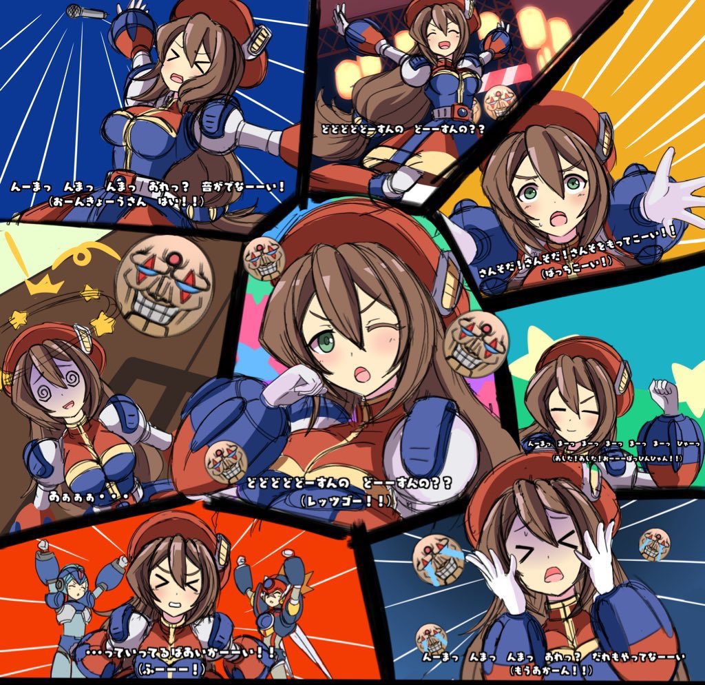 1girl, 2boys, agetatekoron2, axl_(mega_man), blush, brown_hair, green_eyes, hat