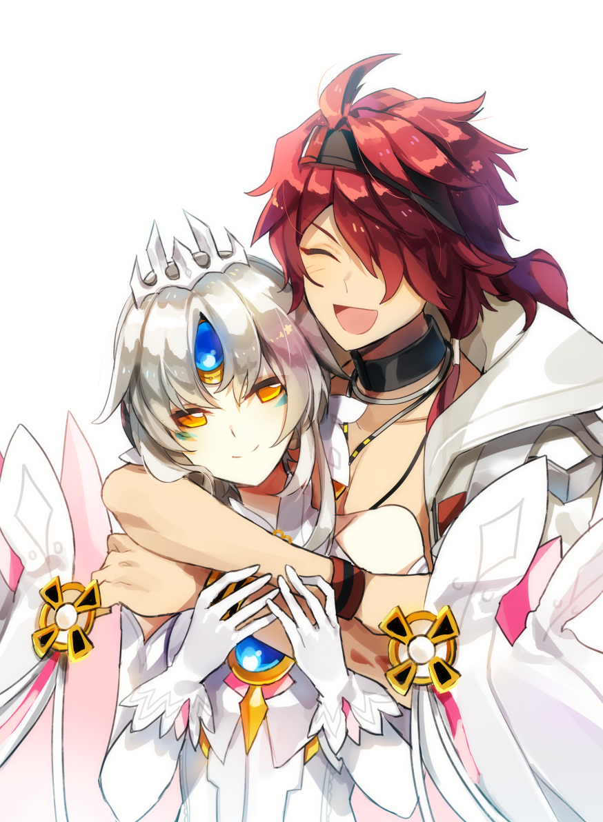 1boy, 1girl, android, bare_shoulders, black_collar, blue_gem, chest_jewel, closed_eyes