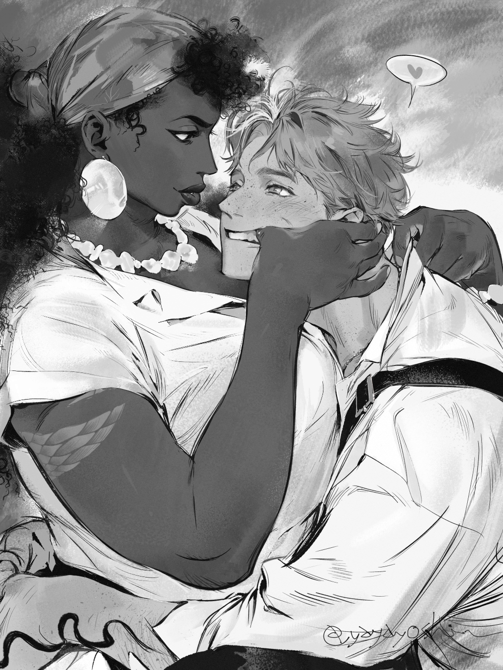 1boy, 1girl, arm_hair, arms_around_another's_waist, bandana, breasts, collared_shirt, curly_hair, dark-skinned_female, dark_skin, earrings, eye_contact, eyeliner, finger_in_another's_mouth, greyscale, head_on_chest, heart, hetero, highres, interracial, jewelry, large_breasts, large_earrings, lips, long_sleeves, looking_at_another, makeup, monochrome, necklace, open_collar, original, ponytail, profile, shirt, short_sleeves, smile, speech_bubble, spoken_heart, teeth, twitter_username, upper_body, wing_collar, yayayoshi