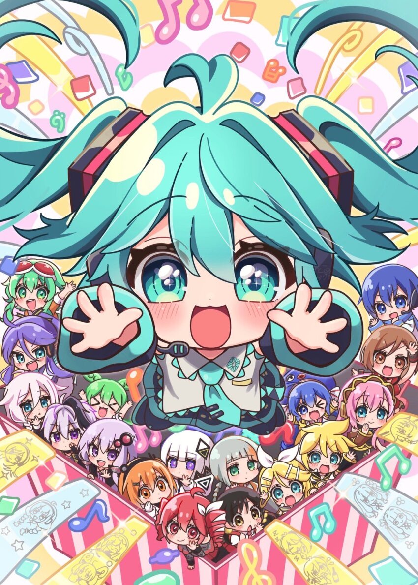 3boys, 6+girls, a.i._voice, adachi_rei, ahoge, akita_neru, aqua_eyes, black_skirt