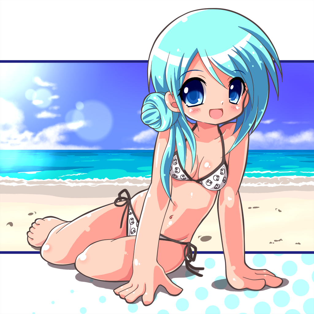 1girl, arm_support, beach, bikini, blue_eyes, blue_hair, blush, breasts