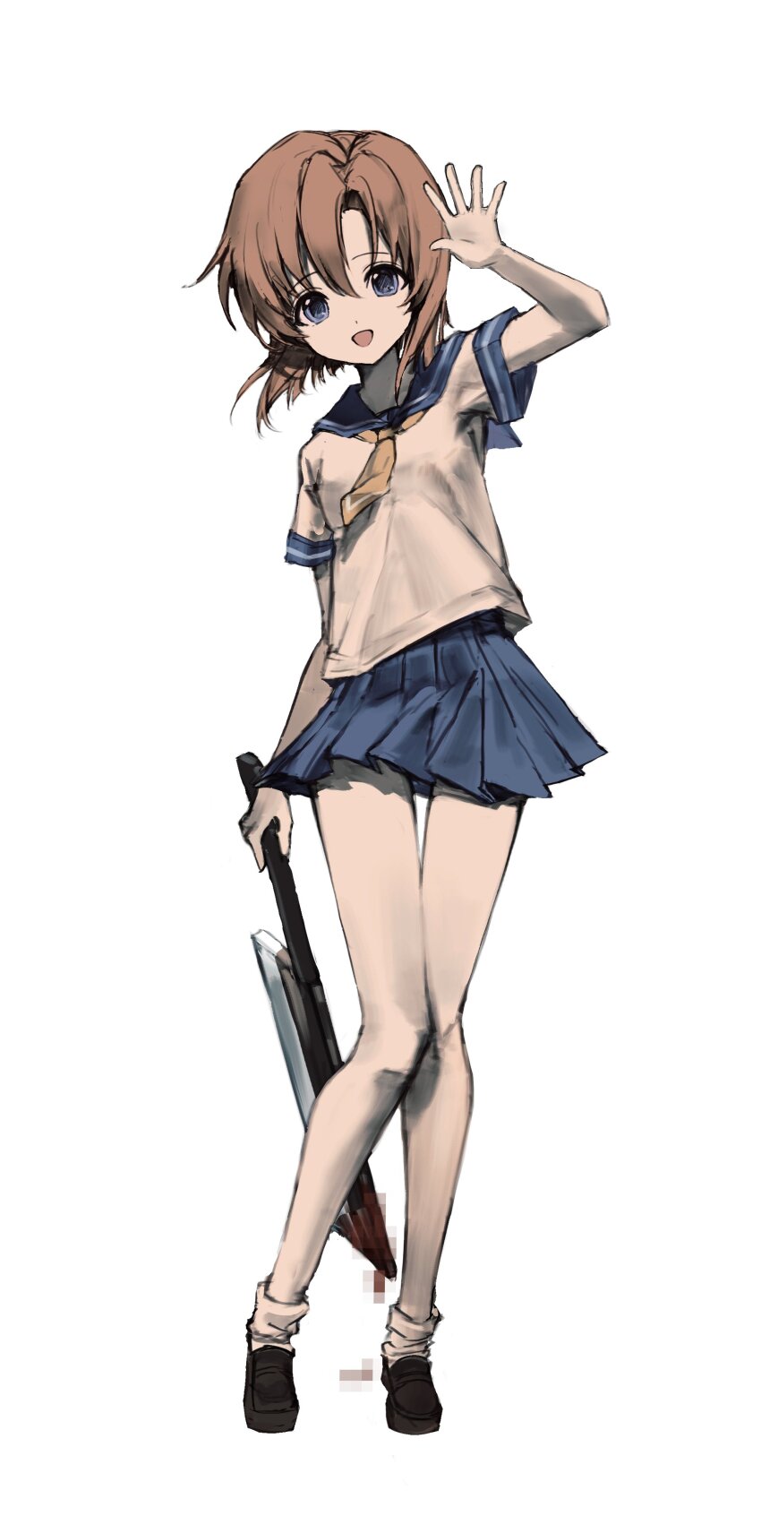 1girl, absurdres, arm_up, black_shoes, blood, bloody_weapon, blue_eyes, blue_sailor_collar