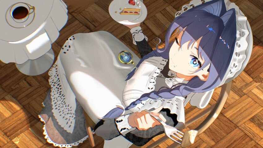 1girl, apron, artist_name, black_dress, blue_eyes, blue_hair, braid, breasts