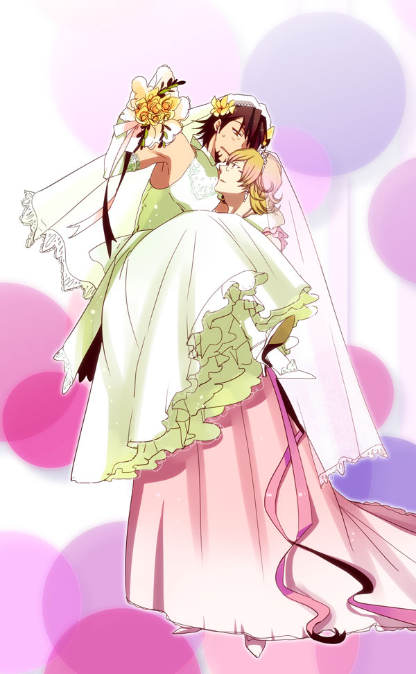 10s, 2boys, bad_id, bad_pixiv_id, bare_shoulders, barnaby_brooks_jr., blonde_hair, bouquet