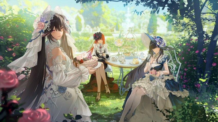 3girls, absurdres, alternate_costume, bare_legs, black_hair, blue_eyes, blue_hair, blunt_bangs