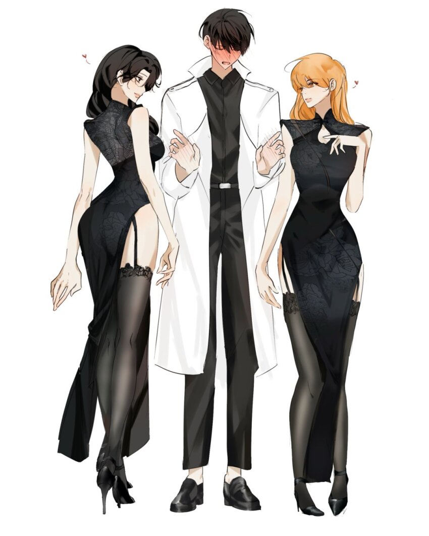 1boy, 2girls, black_dress, black_eyes, black_hair, black_pants, black_shirt, black_shoes, black_thighhighs, blush, brown_eyes, brown_hair, china_dress, chinese_clothes, closed_eyes, coat, collared_shirt, commentary, dress, english_commentary, full_body, garter_straps, girl_sandwich, hair_over_shoulder, high_heels, highres, kim_dokja, lace, lace-trimmed_thighhighs, lace_trim, long_hair, multiple_girls, omniscient_reader's_viewpoint, pants, pelvic_curtain, persephone_(omniscient_reader's_viewpoint), rolanda_(yumyumyamions), sandwiched, shirt, shoes, simple_background, sleeveless, sleeveless_dress, thighhighs, white_background, white_coat, yoo_joonghyuk, yoo_sangah