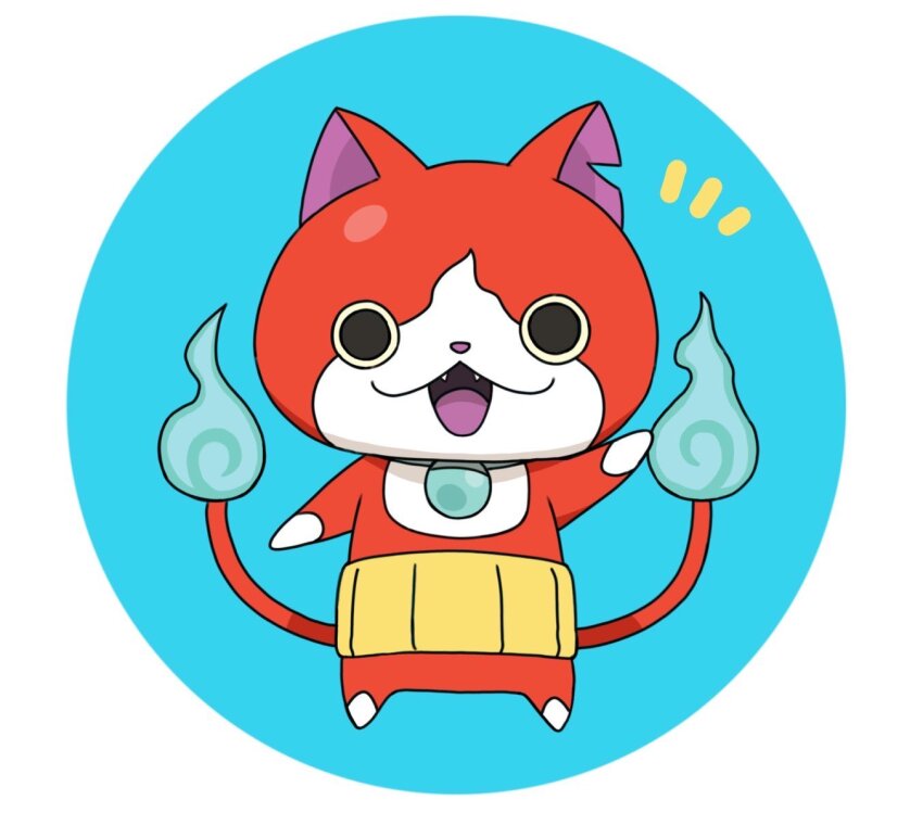 animal_ears, blue_fire, cat_ears, fire, flame-tipped_tail, haramaki, highres, jibanyan, looking_at_viewer, matukita_618, multiple_tails, no_humans, notched_ear, open_mouth, red_fur, simple_background, solo, tail, two_tails, white_background, youkai_(youkai_watch), youkai_watch