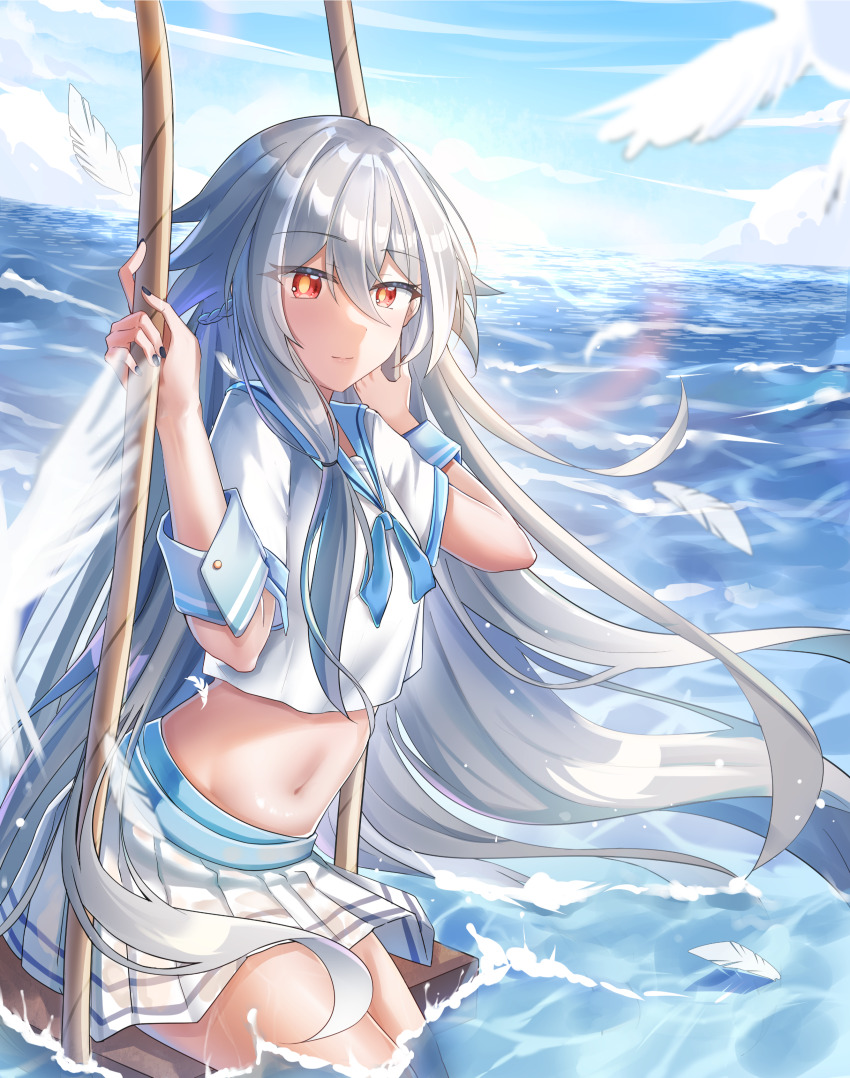 1girl, absurdres, bird, black_hair, black_nails, blue_sailor_collar, blue_sky, closed_mouth