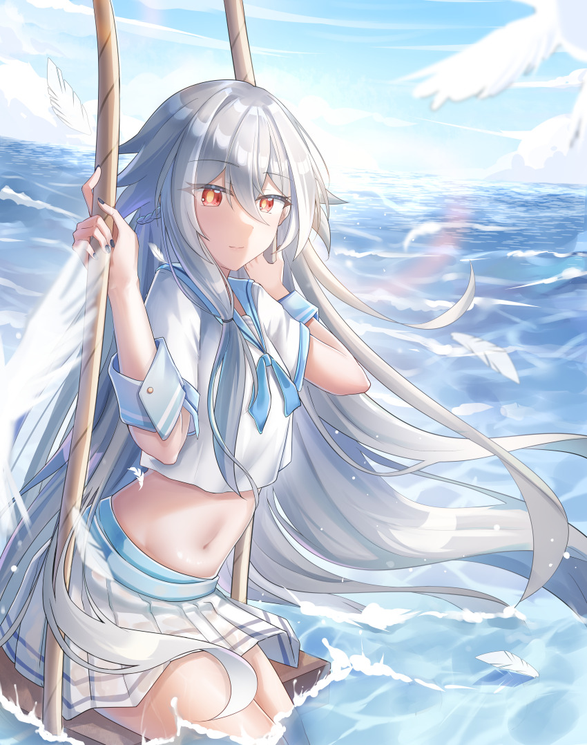 1girl, absurdres, bird, black_hair, black_nails, blue_sailor_collar, blue_sky, closed_mouth