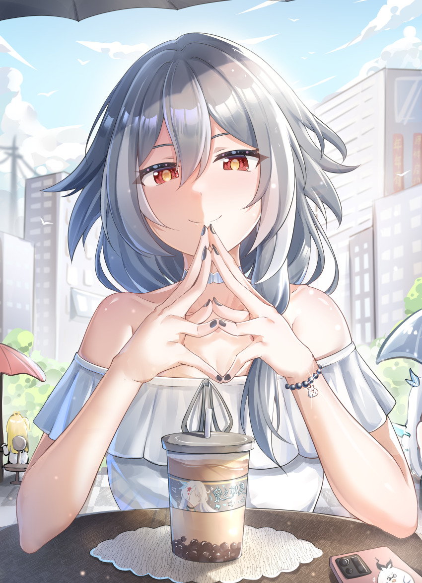 3girls, absurdres, black_hair, black_nails, blonde_hair, blue_sky, bracelet, building