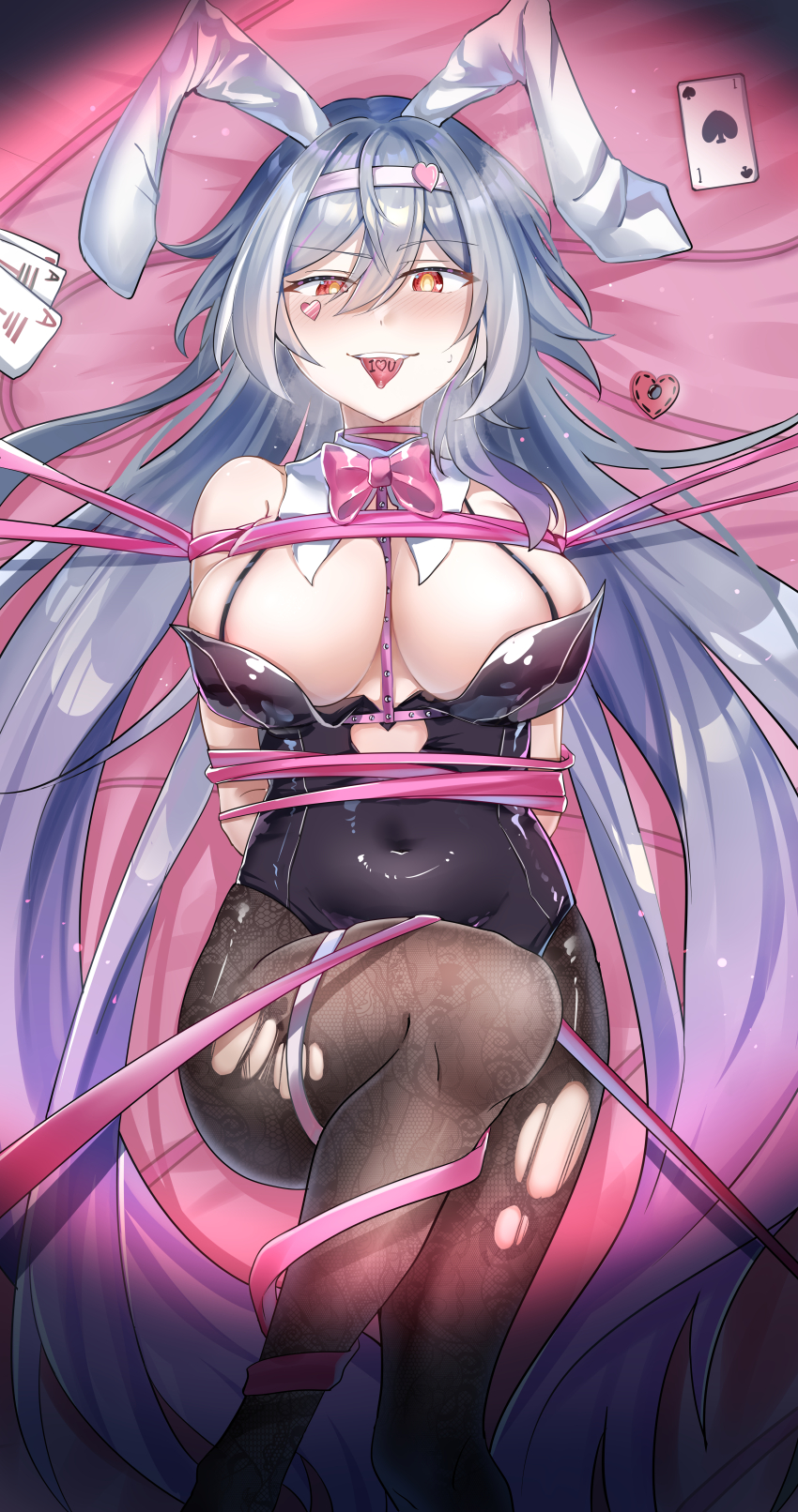 1girl, absurdres, alternate_breast_size, animal_ears, black_hair, black_leotard, black_pantyhose, bow