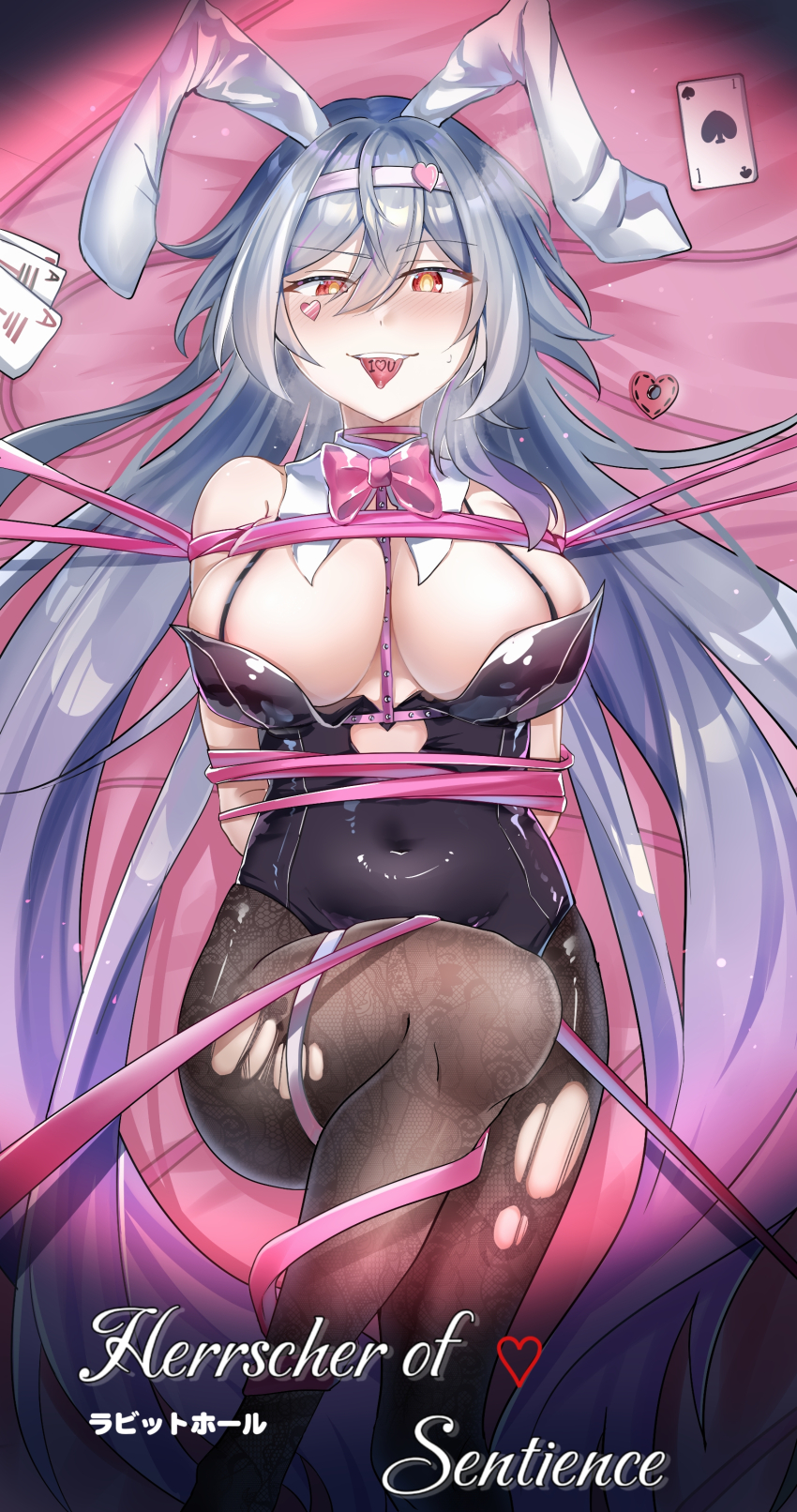 1girl, absurdres, alternate_breast_size, animal_ears, black_hair, black_leotard, black_pantyhose, bow