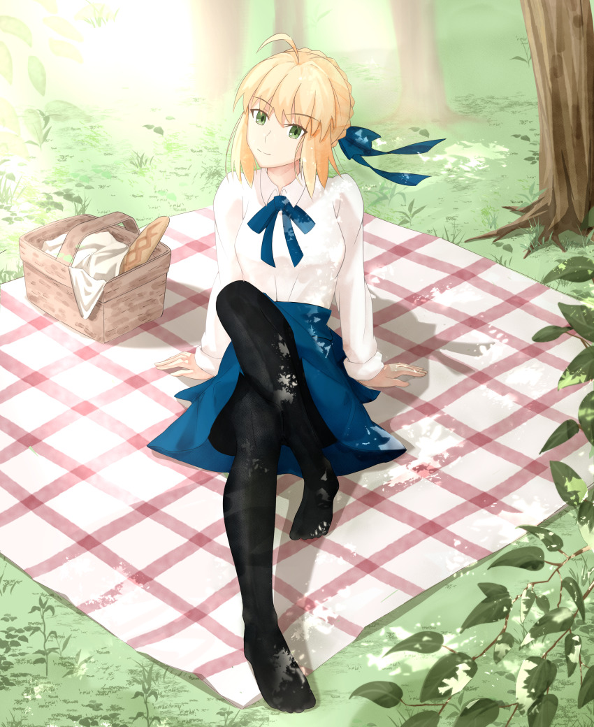 1girl, absurdres, ahoge, andychen662000, artoria_pendragon_(fate), black_pantyhose, blonde_hair, blouse, blue_bow, blue_skirt, bow, braid, braided_bun, bread, bun_with_braided_base, fate/stay_night, fate_(series), food, forest, grass, green_eyes, hair_bow, hair_bun, head_tilt, highres, nature, outdoors, pantyhose, picnic_basket, picnic_blanket, saber_(fate), shirt, sidelocks, skirt, tree, white_shirt