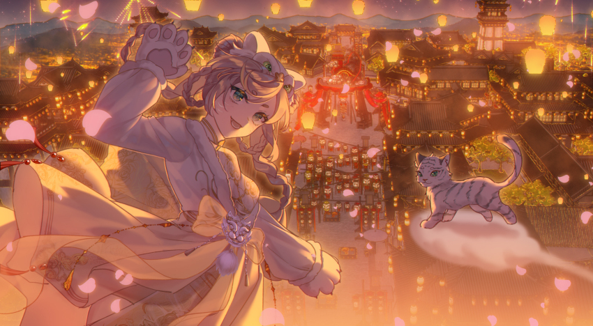 1girl, animal, animal_ear_fluff, animal_ear_headwear, animal_ears, animal_hands, architecture, baby_animal, braid, braided_hair_rings, brown_hair, castle, chinese_clothes, chinese_commentary, city, commentary_request, cowboy_shot, east_asian_architecture, eyelashes, fake_animal_ears, fake_claws, fang, festival, flaming_tiger_(shining_nikki), floating_clothes, floating_hair, floral_print, fur-trimmed_sleeves, fur_trim, gloves, green_eyes, hair_rings, hand_up, hanfu, happy, hat, highres, kirina_zero, lantern, light_particles, long_hair, long_skirt, long_sleeves, low_twin_braids, lower_teeth_only, nikki_(series), open_mouth, outdoors, paper_lantern, paw_gloves, petals, pink_sky, pleated_skirt, puffy_long_sleeves, puffy_sleeves, shining_nikki, skirt, sky, smile, solo, swept_bangs, teeth, tiger, tiger_cub, tiger_ears, tiger_hat, tower, twilight, twin_braids, very_long_hair, white_gloves, white_hanfu, white_hat, white_tiger, yellow_skirt