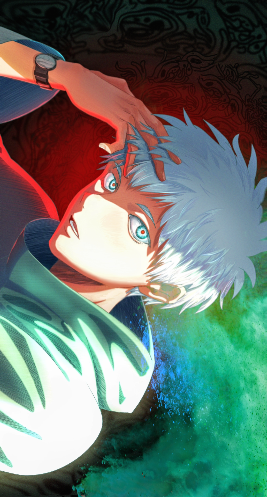 1boy, alternate_costume, blue_eyes, commentary_request, fingernails, hand_on_own_head, highres, hikaru_ga_shinda_natsu