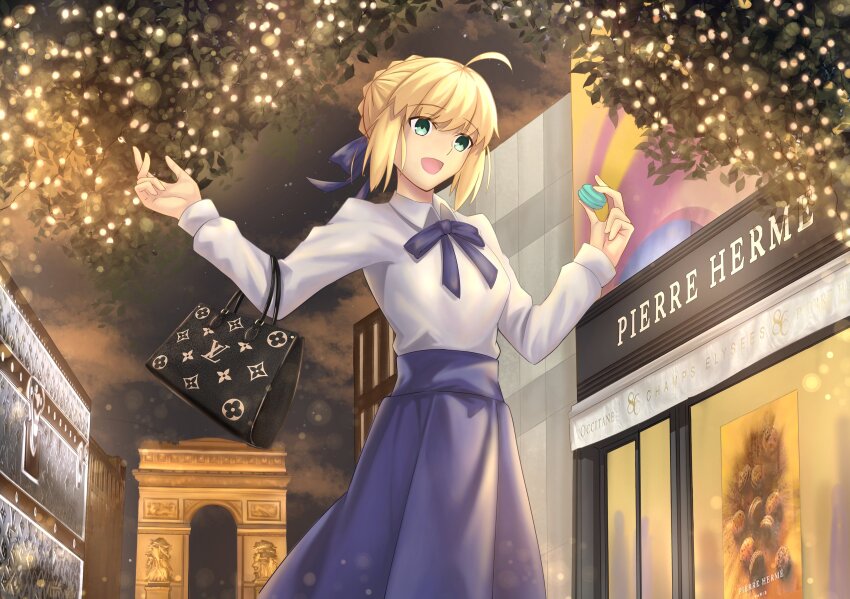 1girl, absurdres, ahoge, andychen662000, arc_de_triomphe, artoria_pendragon_(fate), bag, blonde_hair