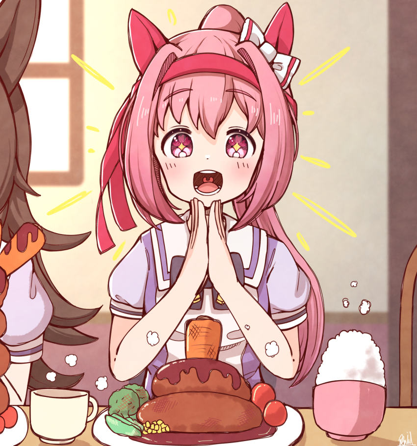 2girls, :d, animal_ears, bow, bowl, brown_hair, carrot_hamburger_steak, chair