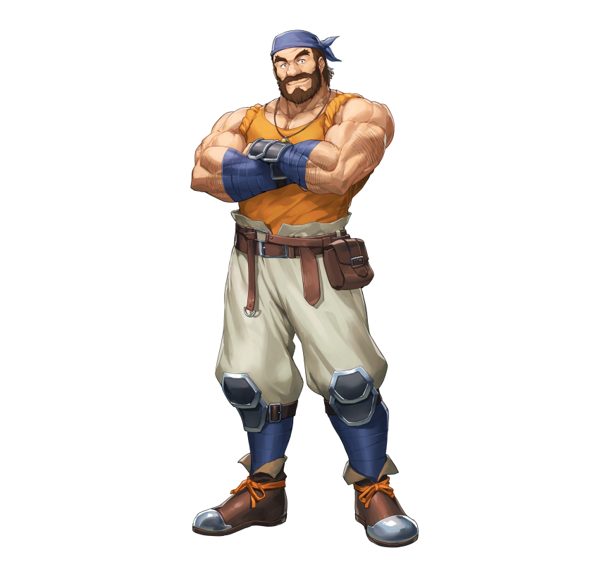 1boy, absurdres, arm_hair, bandana, beard, belt, brown_hair, commentary_request