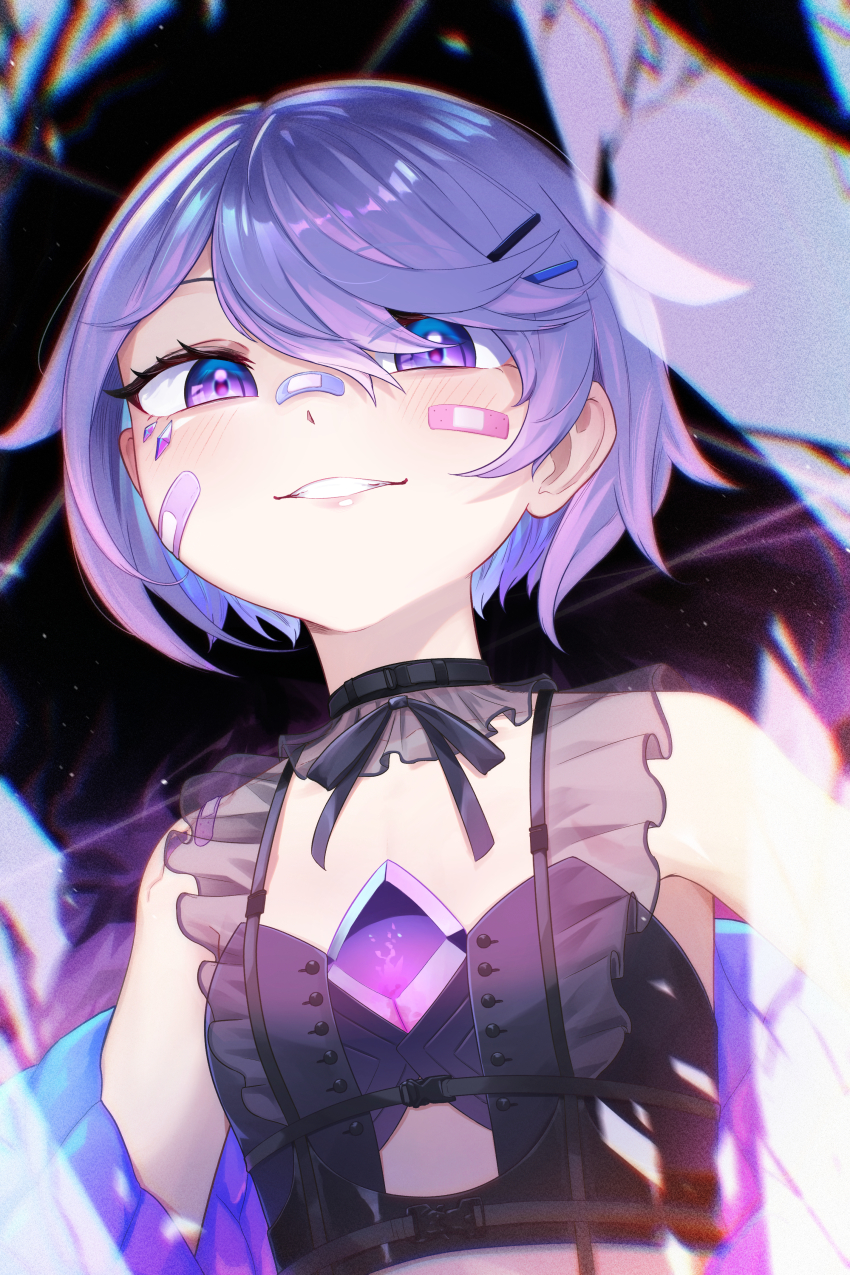 1girl, absurdres, atpoppet, black_ribbon, black_shirt, chest_jewel, detached_collar, gem