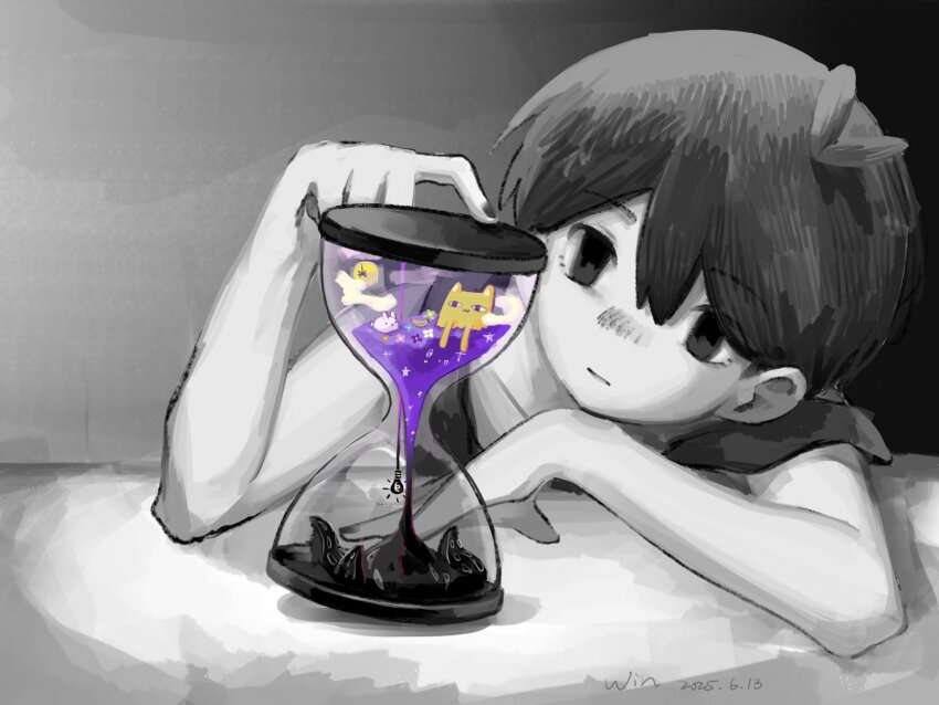 1boy, abbi_(omori), antenna_hair, big_yellow_cat_(omori), black_eyes, black_hair, black_nails, black_tank_top