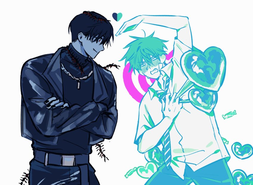 2boys, alien_stage, aqua_hair, black_eyes, black_hair, black_jacket, black_nails, black_shirt