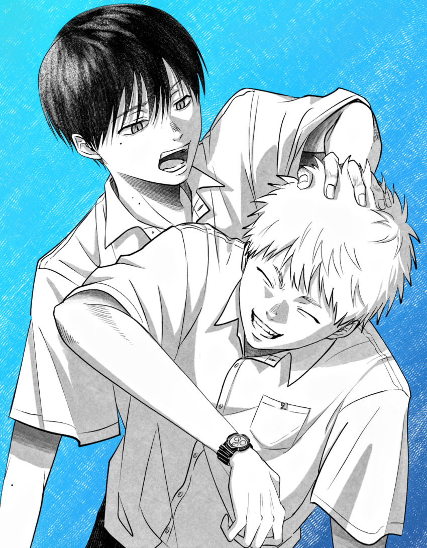 2boys, blue_background, buttons, closed_eyes, collared_shirt, greyscale_with_colored_background, hand_on_another's_head, highres